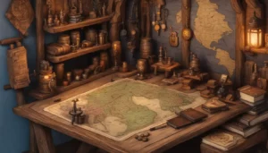 Imagem de uma mesa de madeira com um tabuleiro de RPG, dados, miniaturas, fichas de personagem, mapa de fantasia e prateleiras com livros de RPG.