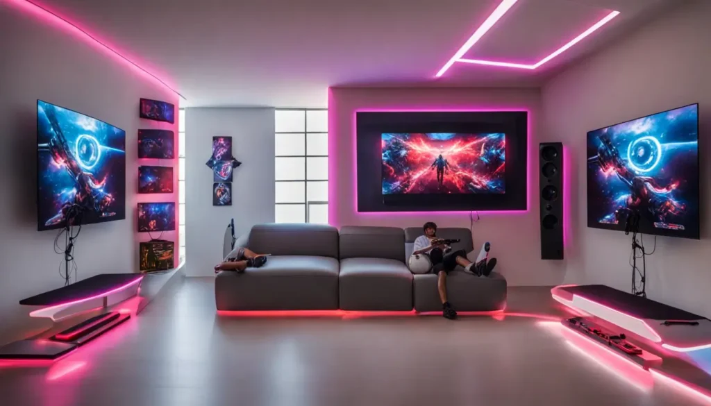 Uma sala futurista com console de videogame de última geração, jogador usando óculos de realidade virtual e telas holográficas exibindo jogos.