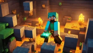 Cena de Minecraft com personagem minerando em caverna, blocos de diamante, ouro e carvão, zumbi ao fundo e baú aberto com itens variados.