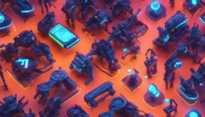 Ilustração de uma cidade futurista com arranha-céus, drones e personagens de videogame em roupas cibernéticas, representando tendências dos games para 2025.